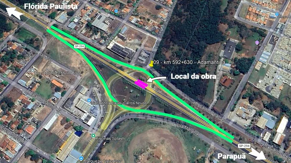 Tráfego de veículos sofre desvio para implantação de nova estrutura no trevo de acesso a Adamantina